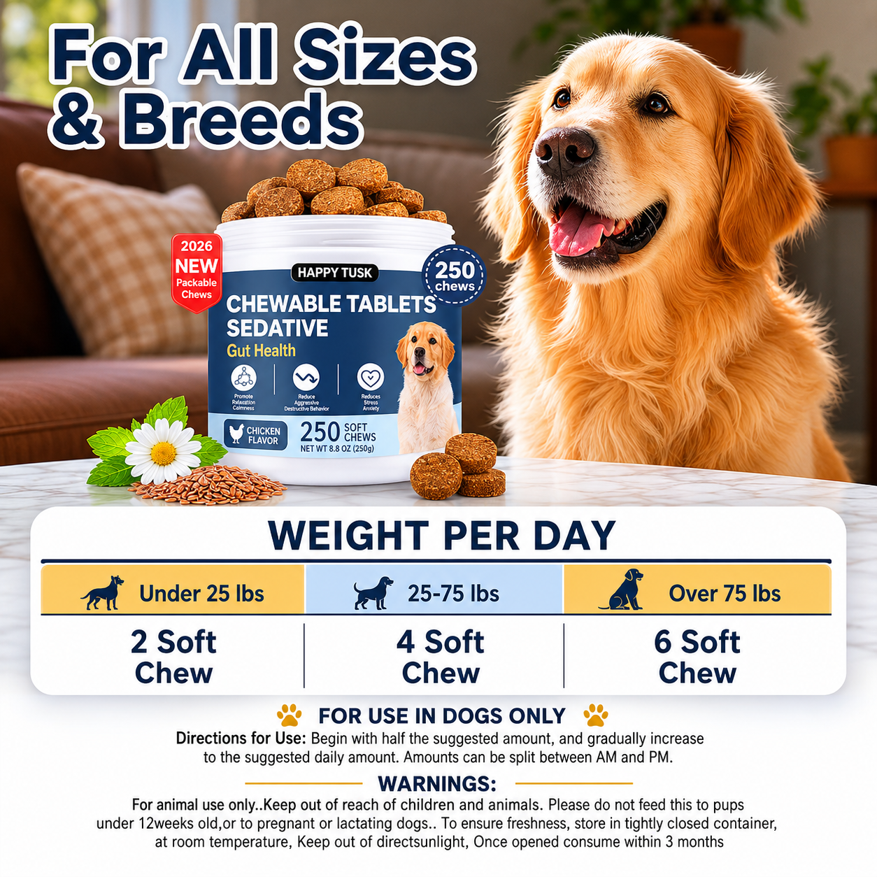 Happy Tusk™ Calming Chews for Dogs – Anxiety Relief & Stress Support for Barking, Thunder & Separation Anxiety