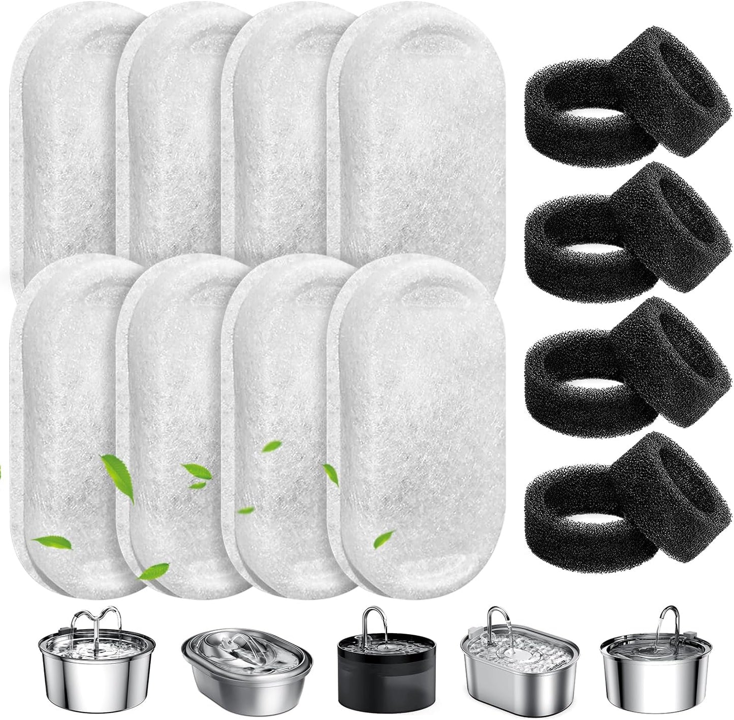 Happy Tusk™ Replacement Cat Water Fountain Filters (8 Filters + 8 Sponges) – Compatible with 2.1L Pet Water Fountain for Cats & Dogs