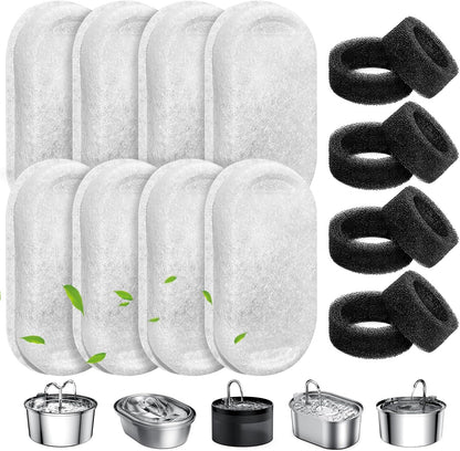Happy Tusk™ Replacement Cat Water Fountain Filters (8 Filters + 8 Sponges) – Compatible with 2.1L Pet Water Fountain for Cats & Dogs