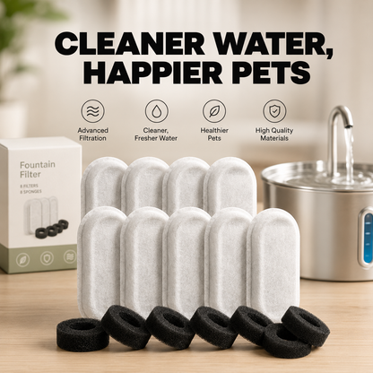 Happy Tusk™ Replacement Cat Water Fountain Filters (8 Filters + 8 Sponges) – Compatible with 2.1L Pet Water Fountain for Cats & Dogs